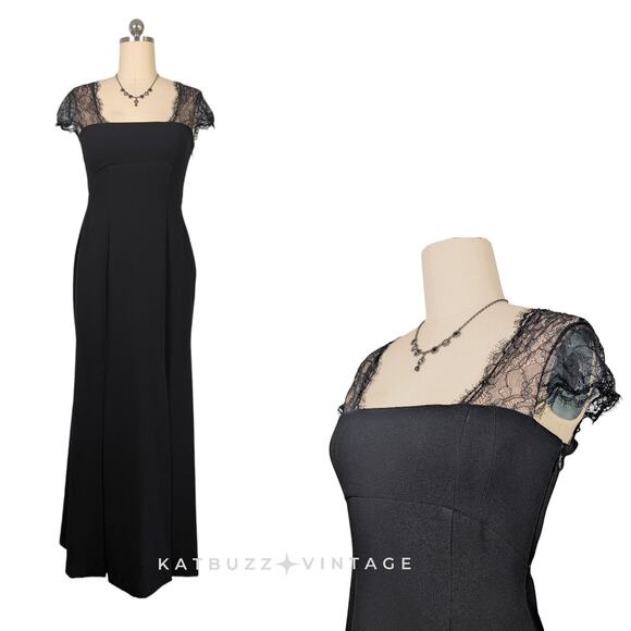 BCBG Lace Maxi Dress Prom Gown 10 Black Sleeve Y2K Empire Sheath Glam Classic - Picture 3 of 8